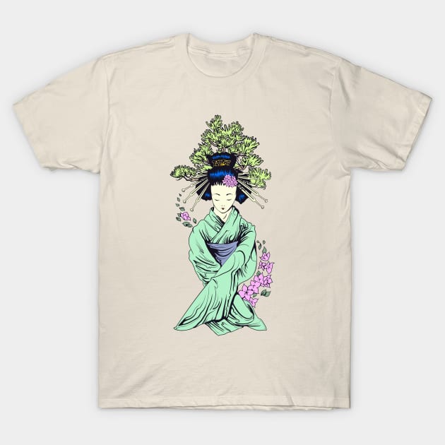 Geisha Hiding Two Tanto Under Sleeves T-Shirt by MarinasingerDesigns